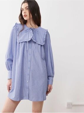 Light Blue Striped Ruffle-Collar Mini Dress Reclaimed Vintage ASOS NWT